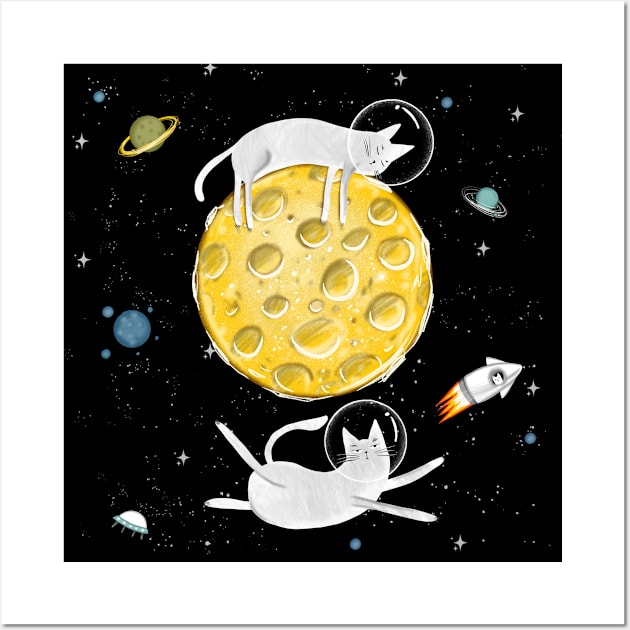 Cats in space. Cute typographi print with cats astronaut. Wall Art by Olena Tyshchenko